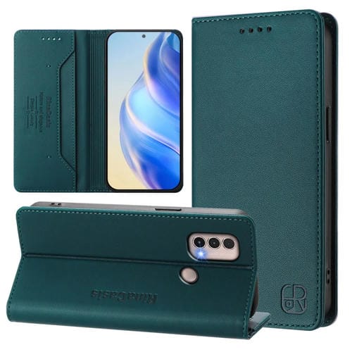 Funda de Cuero Motorola Moto E40/E30/E20 Rc01 doble pliegue y succión magnética (Verde Oscuro)