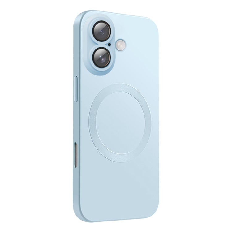 Funda de Silicona Líquida Magsafe con Textura de Cd para iPhone 16 (Gris Claro y Azul)