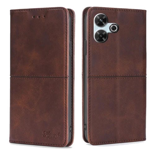 Funda de Cuero Magnética con Textura de Vaca para Redmi 13 4G (Marrón Oscuro)