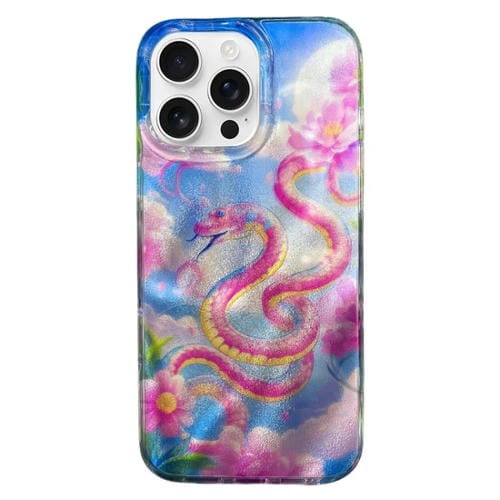 Funda de teléfono TPU iPhone 16 Pro patrón Imd doble capa (Serpiente Roja con Flores Chinas)