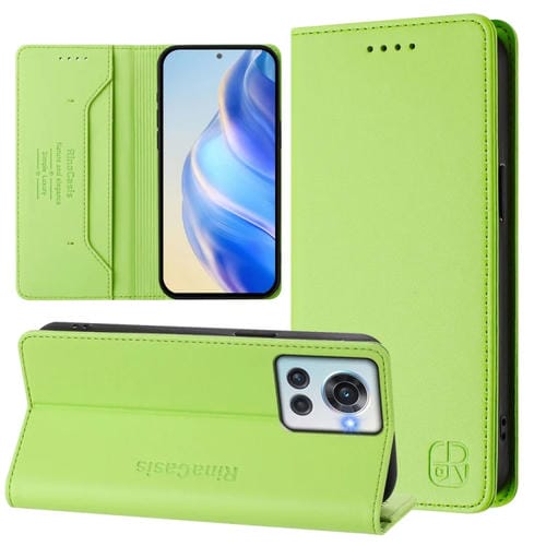 Funda de Cuero con Doble Pliegue y Succión Magnética RFID para OnePlus 10R OnePlus Ace Rc01 (Verde Hierba)