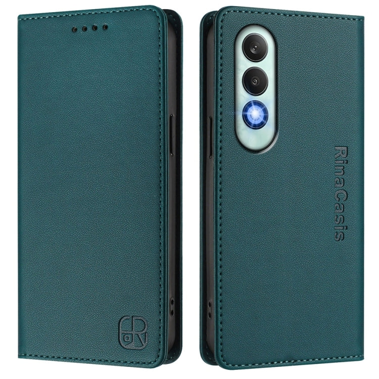 Funda de Cuero con Doble Pliegue y Succión Magnética RFID para OnePlus Nord CE4 RC01 (Verde Oscuro)
