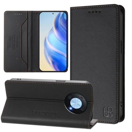 Funda de Cuero con Doble Pliegue y Succión Magnética Rfid para Huawei Enjoy 50 Pro/Nova Y90 Rc01 (Negra)
