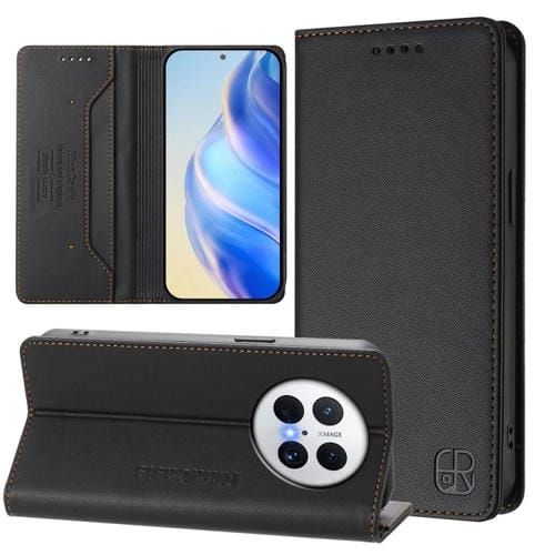 Funda de Cuero Huawei Mate 70 Pro Rc01 con Doble Pliegue y Succión Magnética (Negra)