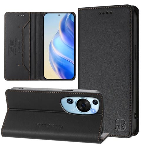 Funda de Cuero con Doble Pliegue y Succión Magnética RFID para Huawei P60 Art Rc01 (Negra)