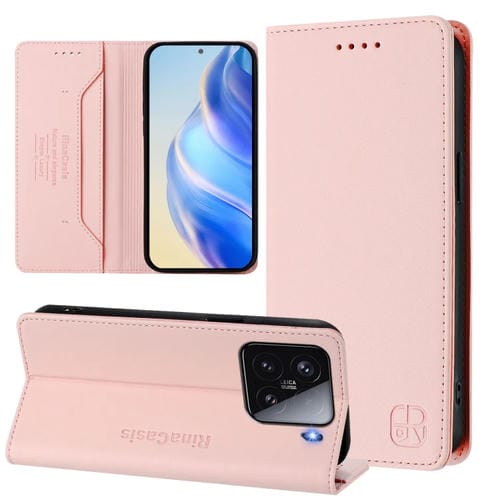 Funda De Cuero Con Doble Pliegue Y Succión Magnética Rfid Para Xiaomi 15 Rc01 (Rosa)