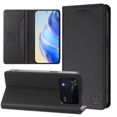Funda de Cuero con Doble Pliegue y Succión Magnética para Teléfono Xiaomi Poco M4 Pro 4G Rc01 (Negro)