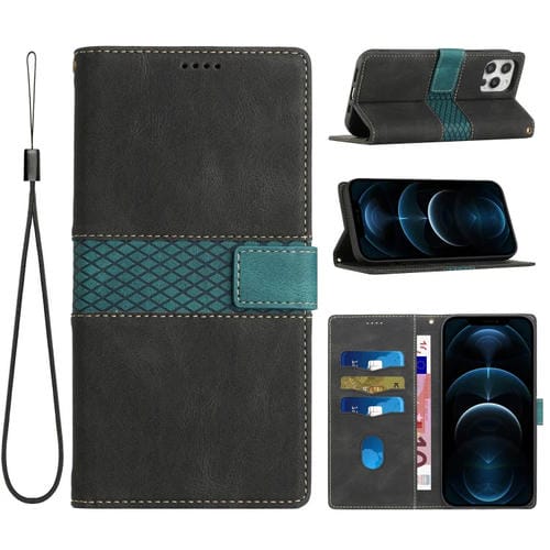 Funda de Cuero para iPhone 16 Pro con Costuras en Cuadrícula y Cordón (Negro)