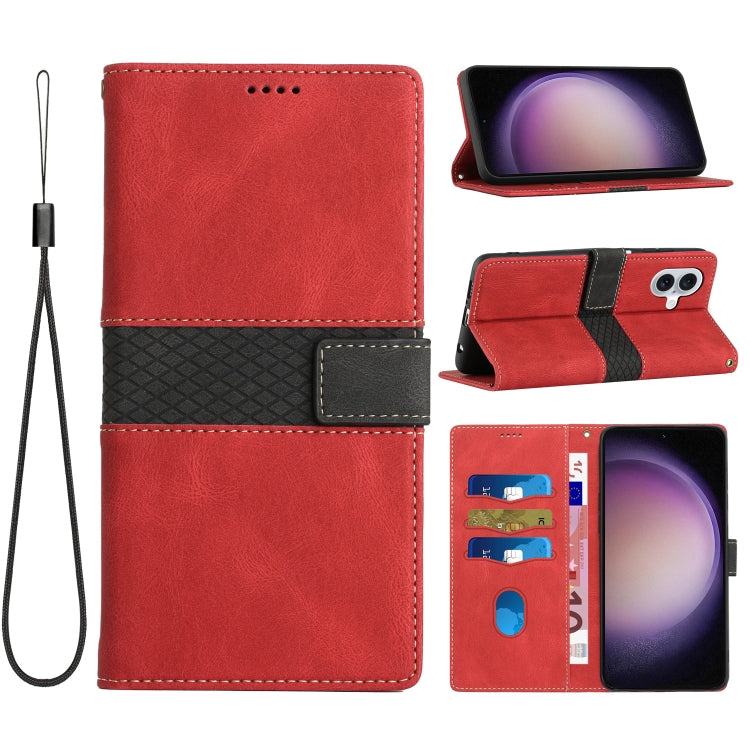 Funda de Cuero para iPhone 16 con Costuras en CuadrĂcula y CordĂłn (Rojo)