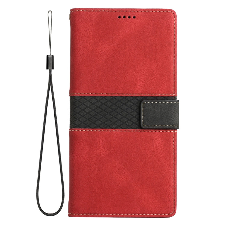 Funda de Cuero para iPhone 16E con Costuras En Cuadrícula y Cordón (Rojo)