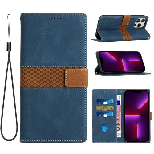 Funda cuero iPhone 14 Pro con costuras en cuadrícula y cordón (Azul)