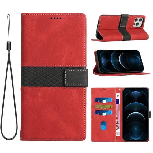 Funda de Cuero para iPhone 12/12 Pro con Costuras en Cuadrícula y Cordón (Rojo)