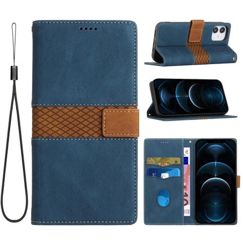 Funda de Cuero con Costuras de Cuadrícula para iPhone 12 Mini con Cordón (Azul)