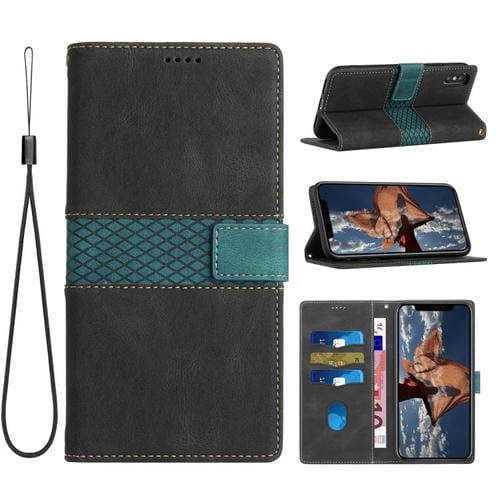 Funda de Cuero para iPhone Xs/X con Costuras en Cuadrícula y Cordón (Negro)