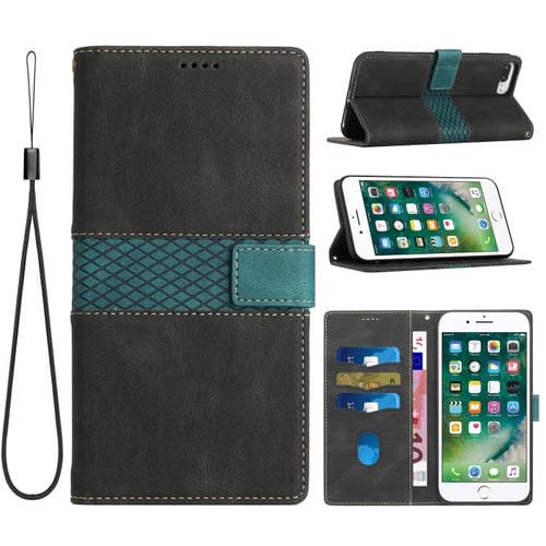 Funda de Cuero para iPhone 8 Plus 7 Plus con Costuras en Cuadrícula y Cordón (Negra)