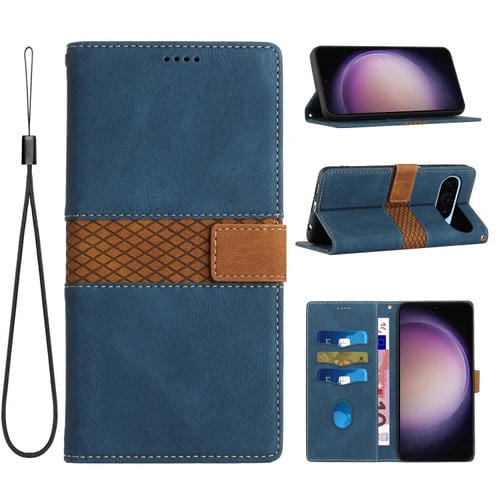 Funda de Cuero con Costuras en Cuadrícula para Google Pixel 9 y 9 Pro con Cordón (Azul)