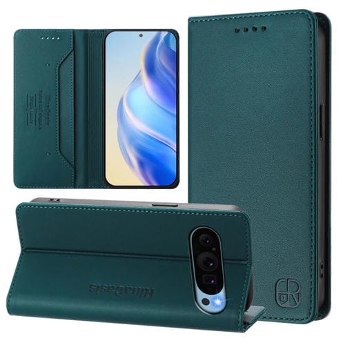 Funda de Cuero con Doble Pliegue y Succión Magnética Rfid para Google Pixel 9/9 Pro Rc01 (Verde Oscuro)
