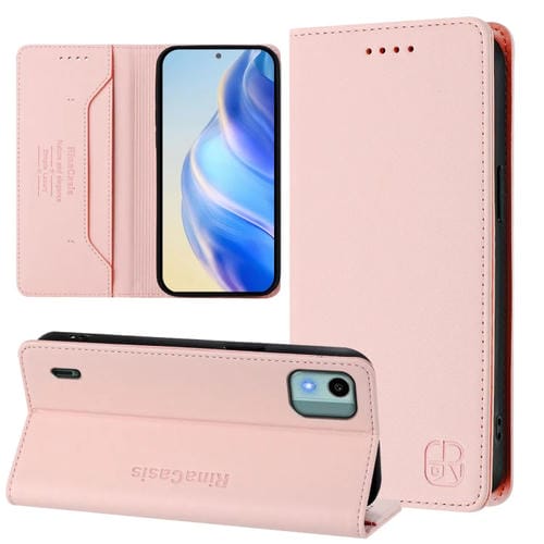 Funda de Cuero Rfid con Doble Pliegue y Succión Magnética para Nokia C12 Rc01 (Rosa)