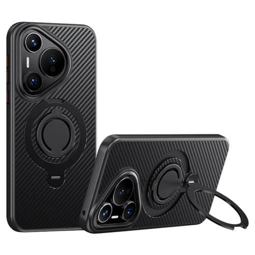 Funda Fibra de Carbono Magsafe Huawei Pura 70 con Soporte Giratorio 360° (Negro)