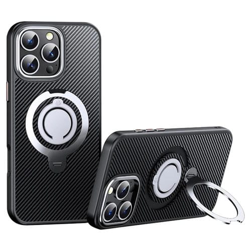 Funda de Teléfono Magsafe Fibra de Carbono para iPhone 16 Pro con Soporte Giratorio 360 (Negro y Plateado)