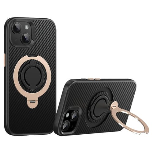 Funda para Teléfono Magsafe Fibra de Carbono iPhone 15 con Soporte Giratorio 360 (Oro Negro)