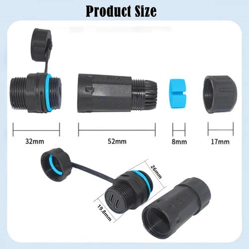 Adaptador Acoplador Recto Hembra a Hembra Tipo C de Dos Puertos Resistente al Agua IP68 10 Gbps con Cubierta Protectora