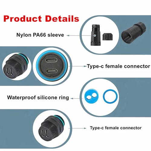 Adaptador Acoplador Recto Hembra a Hembra Tipo C de Dos Puertos Resistente al Agua IP68 10 Gbps con Cubierta Protectora