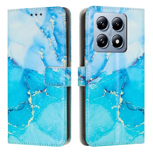 Funda de Cuero con Patrón de Mármol Pintado Global para Teléfono Xiaomi 14T Pro 5G (Azul Verde)