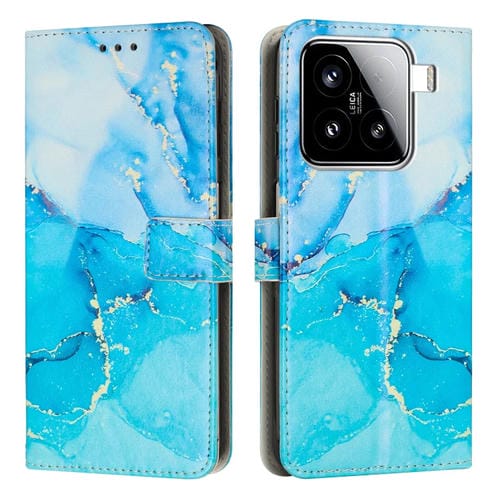 Funda De Cuero Para Teléfono Con Patrón De Mármol Pintado Para Xiaomi 15 (Azul Y Verde)