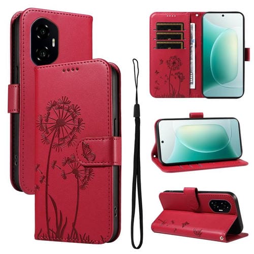 Funda de Cuero con Tapa para Honor 300 Diseño Diente de León en Relieve (Rojo)