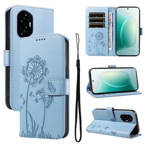 Funda de Cuero con Tapa para Honor 300 Diseño Diente de León en Relieve (Azul Cielo)