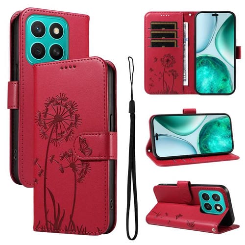 Funda de Cuero con Tapa y Estampado de Diente de León para Honor X8C 4G (Roja)
