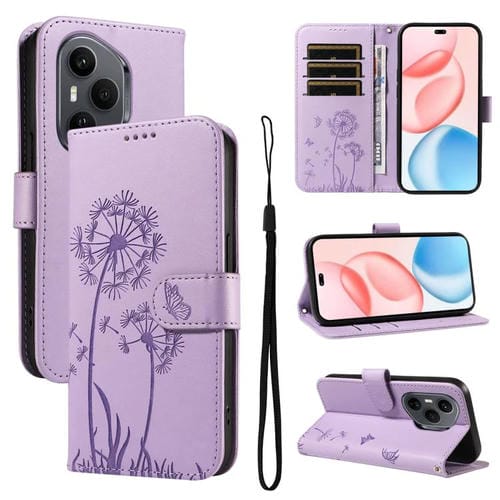 Funda de cuero con tapa y diseño de diente de león en relieve para Honor 400 Pro Global (160,8 mm) (morado)