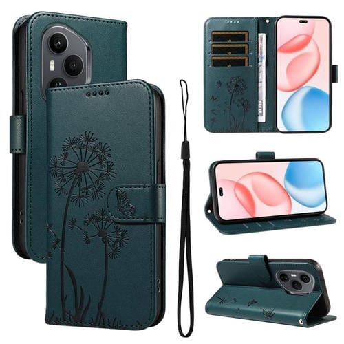 Funda de cuero con tapa y diseño de diente de león en relieve para Honor 400 Pro Global (160,8 mm) (azul)