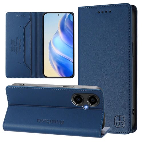 Funda de Cuero RFID para Blu G64 RC01 con Doble Pliegue y Succión Magnética (Azul Oscuro)