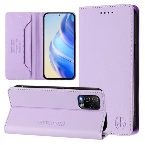 Funda de Cuero RFID para Blu View 5 Pro RC01 con Doble Pliegue y Succión Magnética (Morado Claro)