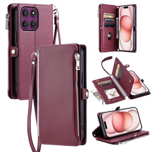 Funda de cuero con cremallera y ranura para múltiples tarjetas para Motorola Edge 60 Pro (rojo vino)