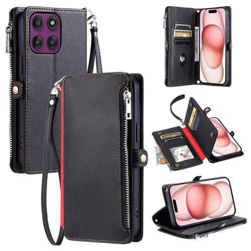 Funda de cuero con cremallera y ranura para múltiples tarjetas para Motorola Edge 60 Pro (negra)
