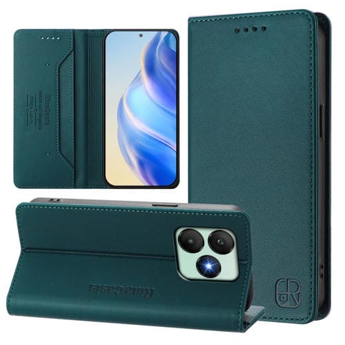 Funda de Cuero Rfid para Teléfono Wiko T20 Rc01 con Doble Pliegue y Succión Magnética (Verde Oscuro)