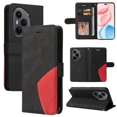 Funda de cuero con tapa y empalme bicolor para Honor 400 Pro Global (160,8 mm) (Negro)