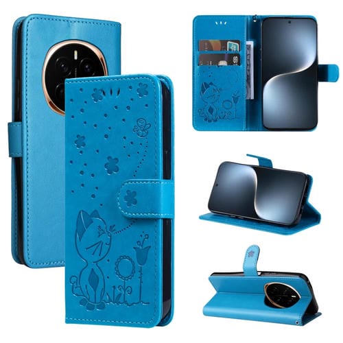 Funda de Cuero a Prueba de Golpes para Honor Magic7 con Estampado de Abeja y Gato (Azul)
