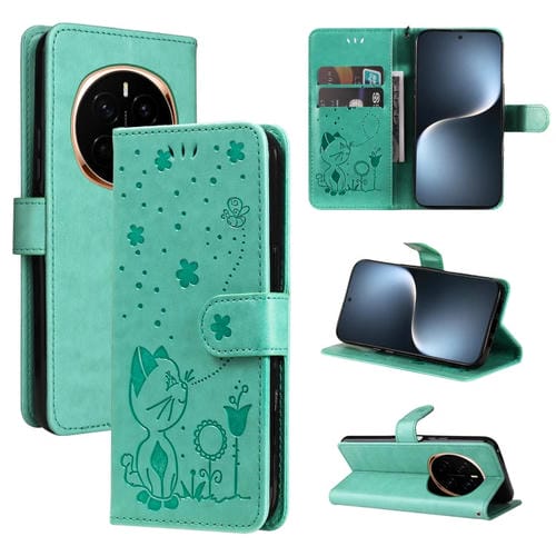 Funda de Cuero a Prueba de Golpes para Honor Magic7 (Verde) con Estampado de Abeja y Gato