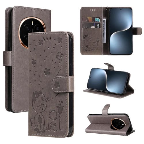 Funda de Cuero para Honor Magic7 a Prueba de Golpes con Estampado de Abeja y Gato (Gris)