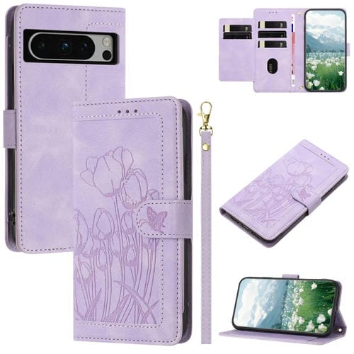 Funda de Cuero con Relieve de Tulipanes para Google Pixel 8 Pro con Cordón (Morado)