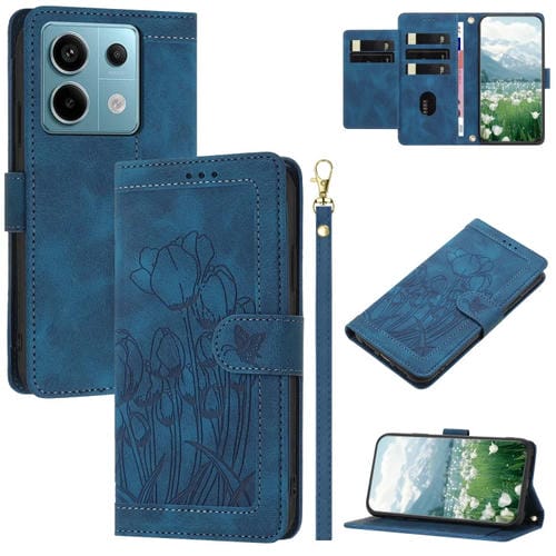 Funda de Cuero con Relieve de Tulipanes para Redmi Note 13 5G con Cordón (Azul)
