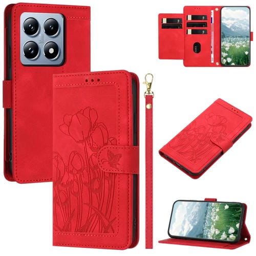 Funda De Piel Con Relieve De Tulipanes Para Xiaomi 14T Con Cordón (Rojo)