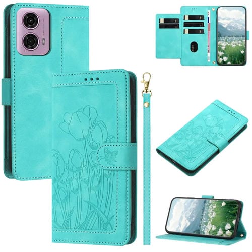 Funda de Cuero con Relieve de Tulipanes para Motorola Edge 50 Fusion con Cordón (Verde)