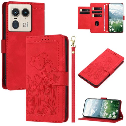 Funda de Cuero con Relieve de Tulipanes para Motorola Edge 50 Ultra con Cordón (Rojo)