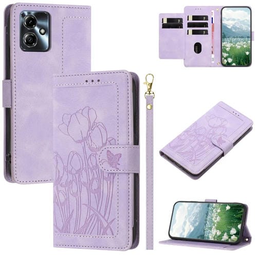 Funda de Cuero con Relieve de Tulipanes para Motorola Moto G14/G54 con Cordón (Morado)