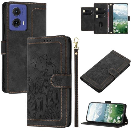 Funda de Cuero con Relieve de Tulipanes para Motorola Moto G85 con Cordón (Negro)